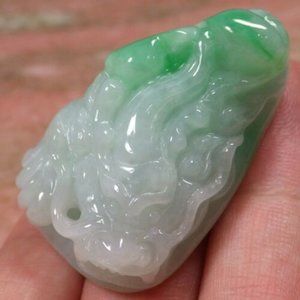 Certified Green Natural Burma Jade jadeite Dragon Lotus Flower Pendant Necklace